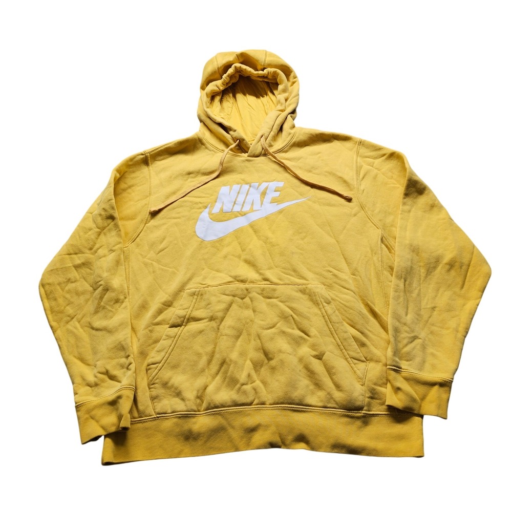 Nike Sportswear Club Fleece Hoodie Mens Large Yellow White Logo Pullover 5286